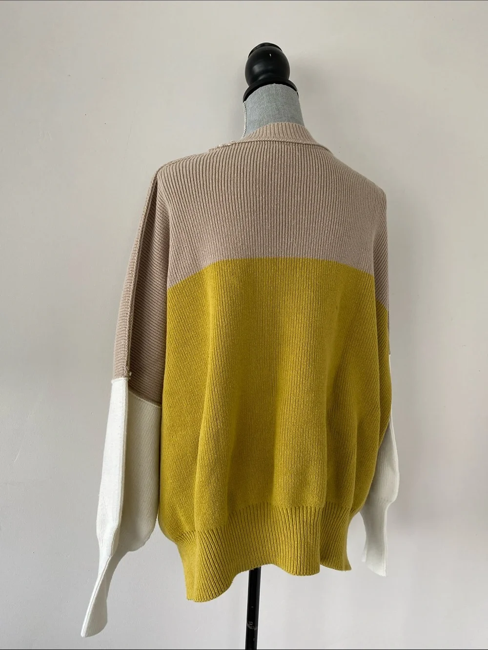 Free People Colorblock Crewneck Sweater Mustard Taupe White Sz M Oversized Chic